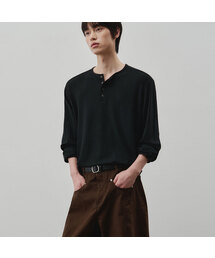 リブドスナップヘンリーネッククロップTシャツ[ブラック]