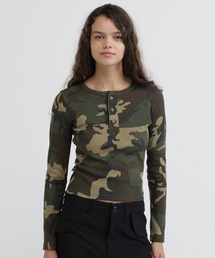 《WEB限定/DAILY/デイリー/WOMAN》RIB CAMO L/S HENLEY NECK T-SHIRT