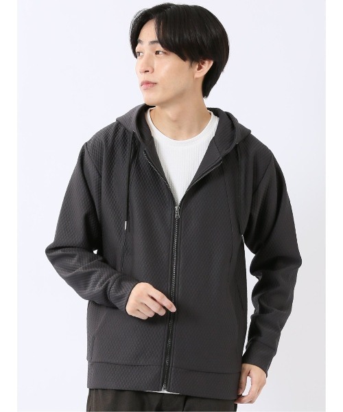 m.f.editorial(エムエフエディトリアル)の「フルジップ パーカー メンズ 長袖 ストレッチ ハニカム ジャガード フーディー(パーカー・メンズ・ライトグレー/グレー系その他2・MEDIUM/LARGE/X-LARGE)」の2枚目の写真