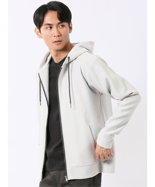 m.f.editorial(エムエフエディトリアル)の「フルジップ パーカー メンズ 長袖 ストレッチ ハニカム ジャガード フーディー(パーカー・メンズ・ライトグレー/グレー系その他2・MEDIUM/LARGE/X-LARGE)」の18枚目の写真