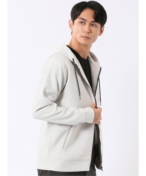 m.f.editorial(エムエフエディトリアル)の「フルジップ パーカー メンズ 長袖 ストレッチ ハニカム ジャガード フーディー(パーカー・メンズ・ライトグレー/グレー系その他2・MEDIUM/LARGE/X-LARGE)」の20枚目の写真