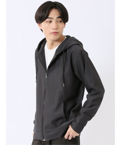 m.f.editorial(エムエフエディトリアル)の「フルジップ パーカー メンズ 長袖 ストレッチ ハニカム ジャガード フーディー(パーカー・メンズ・ライトグレー/グレー系その他2・MEDIUM/LARGE/X-LARGE)」の7枚目の写真