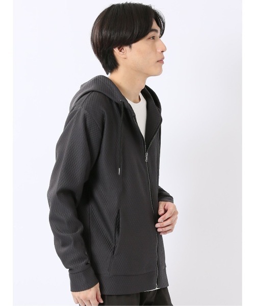 m.f.editorial(エムエフエディトリアル)の「フルジップ パーカー メンズ 長袖 ストレッチ ハニカム ジャガード フーディー(パーカー・メンズ・ライトグレー/グレー系その他2・MEDIUM/LARGE/X-LARGE)」の9枚目の写真