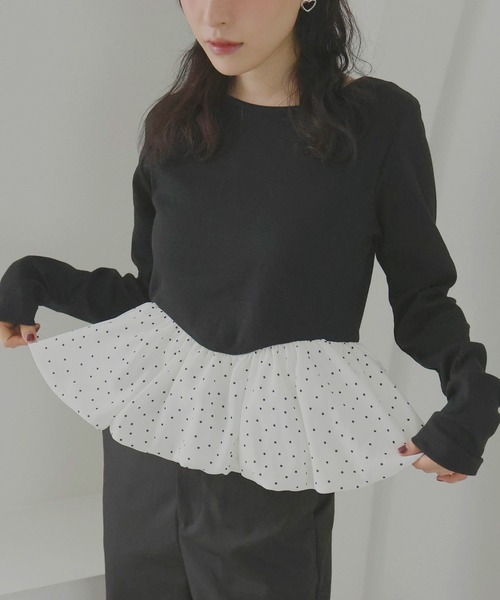Mili affinity（ミリアフィニティー）の「ペプラム長袖リブトップス（Tシャツ/カットソー・レディース・ドット/ブラウン系その他/ブラック×ブラック/ホワイト系その他/ブラック×ホワイト・FREE）」の3枚目の写真