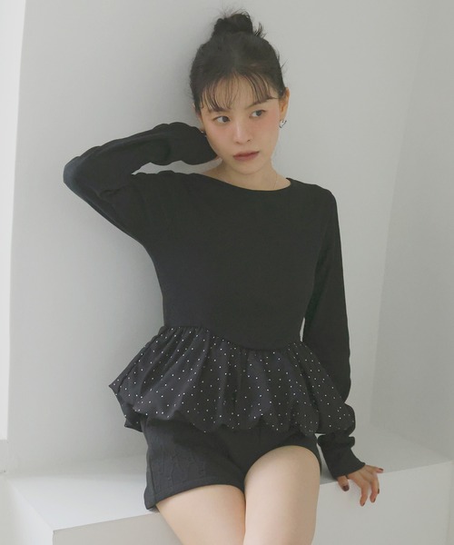 Mili affinity（ミリアフィニティー）の「ペプラム長袖リブトップス（Tシャツ/カットソー・レディース・ドット/ブラウン系その他/ブラック×ブラック/ホワイト系その他/ブラック×ホワイト・FREE）」の4枚目の写真