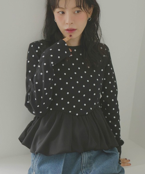 Mili affinity（ミリアフィニティー）の「ペプラム長袖リブトップス（Tシャツ/カットソー・レディース・ドット/ブラウン系その他/ブラック×ブラック/ホワイト系その他/ブラック×ホワイト・FREE）」の5枚目の写真