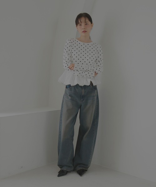 Mili affinity（ミリアフィニティー）の「ペプラム長袖リブトップス（Tシャツ/カットソー・レディース・ドット/ブラウン系その他/ブラック×ブラック/ホワイト系その他/ブラック×ホワイト・FREE）」の7枚目の写真