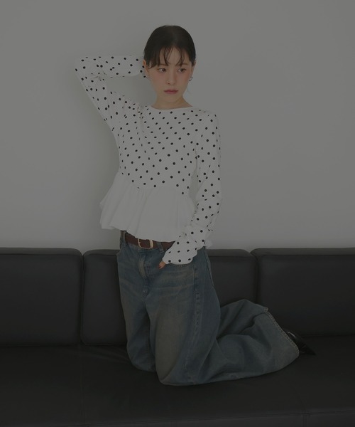 Mili affinity（ミリアフィニティー）の「ペプラム長袖リブトップス（Tシャツ/カットソー・レディース・ドット/ブラウン系その他/ブラック×ブラック/ホワイト系その他/ブラック×ホワイト・FREE）」の8枚目の写真