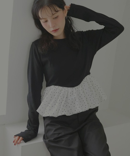 Mili affinity（ミリアフィニティー）の「ペプラム長袖リブトップス（Tシャツ/カットソー・レディース・ドット/ブラウン系その他/ブラック×ブラック/ホワイト系その他/ブラック×ホワイト・FREE）」の14枚目の写真
