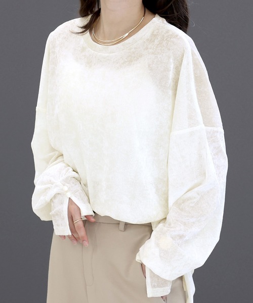 Aletta vita(アレッタビータ)の「シアーベロアドロップショルダーゆるプルオーバー(Tシャツ/カットソー・レディース・ブラウン/オフホワイト・M)」の2枚目の写真