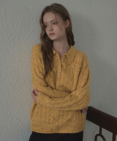 OURNOSTALGIA(アワー ノスタルジア)の「Confetti Henley Collar Knit_Yellow(OCB6KN11)(ニット/セーター・レディース・イエロー・FREE)」の1枚目の写真