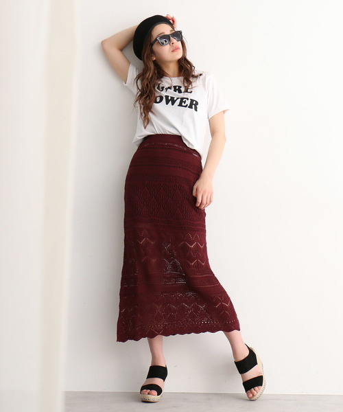 FREE'S MART(フリーズマート)の「◆透かし編みニットレイヤードスカート【セットアップ対応可能】(スカート・レディース・ブラック/オフホワイト/バーガンディー・FREE)」の7枚目の写真