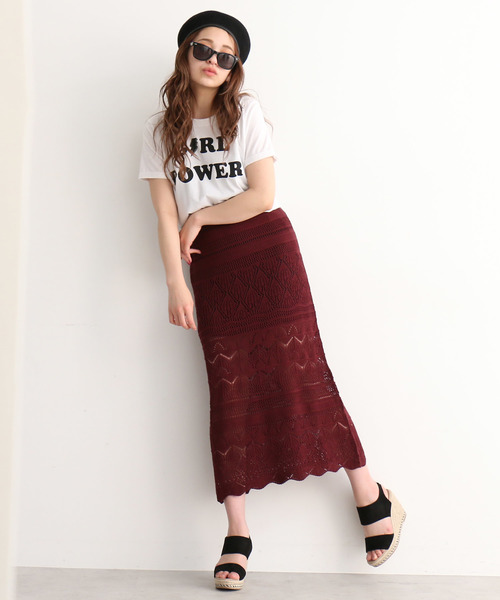 FREE'S MART(フリーズマート)の「◆透かし編みニットレイヤードスカート【セットアップ対応可能】(スカート・レディース・ブラック/オフホワイト/バーガンディー・FREE)」の8枚目の写真