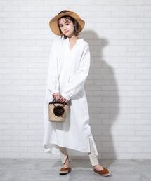 coen | リネンレーヨンロングスリーブワンピース（ロングワンピース）(ワンピース)