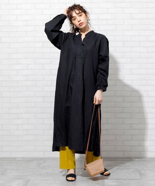 coen(コーエン)の「リネンレーヨンロングスリーブワンピース(ロングワンピース)(ワンピース・レディース・ブラック/オフホワイト・FREE)」の3枚目の写真