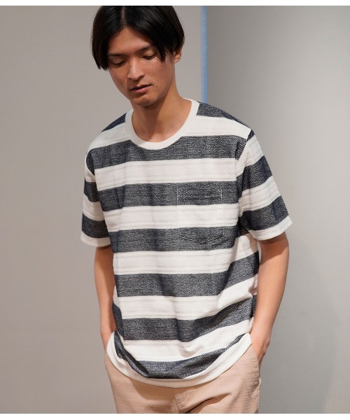 JUNRED(ジュンレッド)の「ヘリンボンボーダーTシャツ(Tシャツ/カットソー・メンズ・ネイビー/グレー/ピンク・LL/M/L)」の1枚目の写真