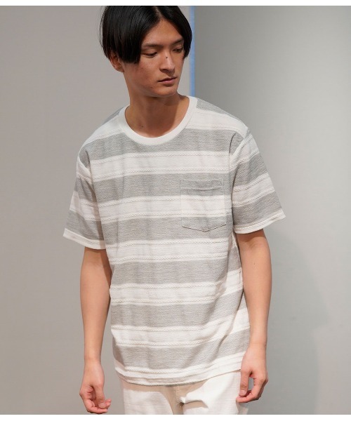 JUNRED(ジュンレッド)の「ヘリンボンボーダーTシャツ(Tシャツ/カットソー・メンズ・ネイビー/グレー/ピンク・LL/M/L)」の2枚目の写真