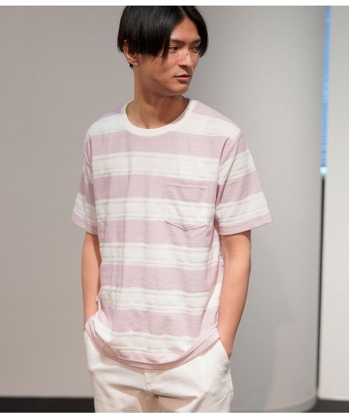 JUNRED(ジュンレッド)の「ヘリンボンボーダーTシャツ(Tシャツ/カットソー・メンズ・ネイビー/グレー/ピンク・LL/M/L)」の3枚目の写真