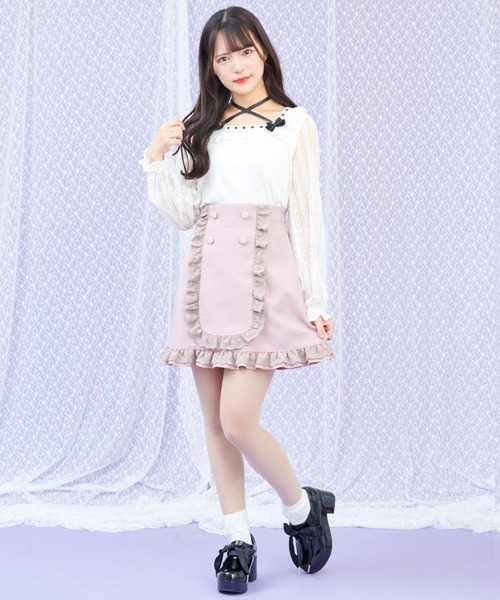 ハニーミーハニー 弱く 裾オーガンジー ビジューボタンタイトスカート 