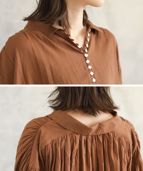 audrey and john wad(オードリーアンドジョンワッド)の「インド綿エリ付ギャザー(ワンピース・レディース・ブラック/ブラウン・M)」の19枚目の写真