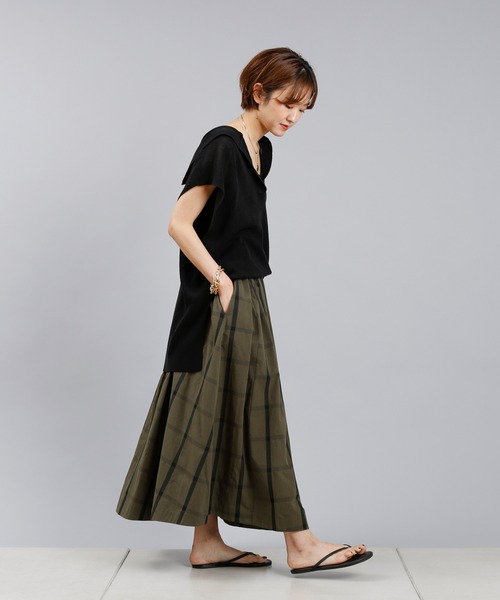 DouDou（ドゥドゥ）の「チェックフレアスカート（スカート・レディース・カーキ/ブラック・FREE）」の3枚目の写真
