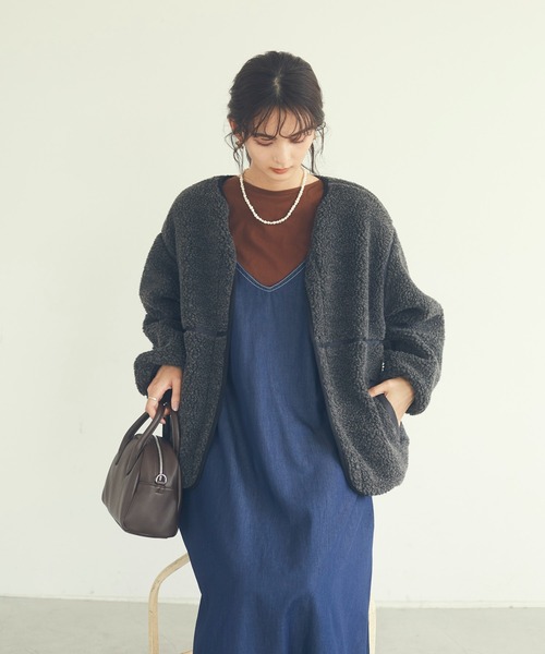 CRAFT STANDARD BOUTIQUE(クラフトスタンダードブティック)の「ノーカラーボアブルゾン *◇(ノーカラーコート・レディース・グレー/オフホワイト・FREE)」の6枚目の写真