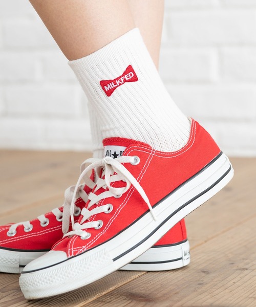 MILKFED.（ミルクフェド）の「RIBBON EMBROIDERY RIB SOCKS（ソックス/靴下・レディース・アッシュ/ブラック/ホワイト/レッド・ONE SIZE）」の4枚目の写真