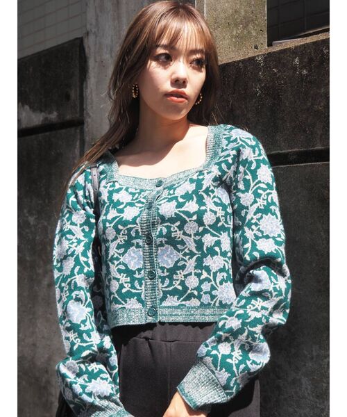 EVRIS（エヴリス）の「フロントボタンジャガードニットトップス（ニット/セーター・レディース・ネイビー/グリーン・FREE）」の7枚目の写真