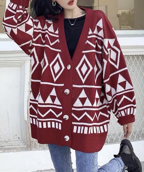 FREE STYLISTS（フリー スタイリスト）の「アーガイル柄ニットカーディガン（ニット/セーター・レディース・ボルドー/ブラック・FREE）」の18枚目の写真