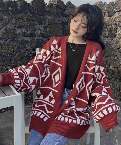 FREE STYLISTS（フリー スタイリスト）の「アーガイル柄ニットカーディガン（ニット/セーター・レディース・ボルドー/ブラック・FREE）」の5枚目の写真