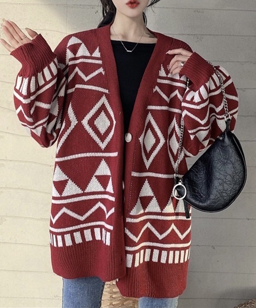 FREE STYLISTS（フリー スタイリスト）の「アーガイル柄ニットカーディガン（ニット/セーター・レディース・ボルドー/ブラック・FREE）」の15枚目の写真