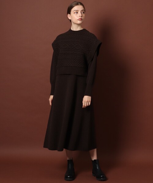 DRESSTERIOR（ドレステリア）の「◆【スタイリスト亀恭子さんコラボアイテム】【3WAY】ニットレイヤードワンピース（ワンピース・レディース・アイボリー/ブラウン系・38/36）」の2枚目の写真