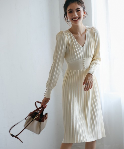 セール】ハイウエスト切り替えプリーツニットワンピース（ワンピース