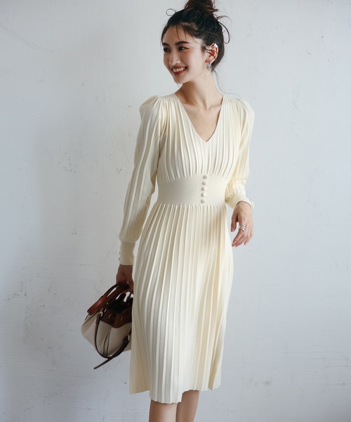 ハイウエスト切り替えプリーツニットワンピース（ワンピース）｜SAISON