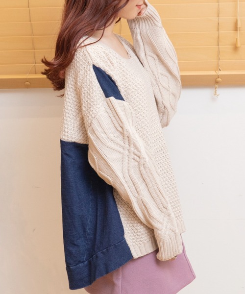 Mysa&Liina(ミーサリーナ)の「ゆるだぼデニム×ニットトップス(ニット/セーター・レディース・ブラック/カーキ/アイボリー・M)」の2枚目の写真