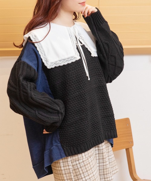 Mysa&Liina(ミーサリーナ)の「ゆるだぼデニム×ニットトップス(ニット/セーター・レディース・ブラック/カーキ/アイボリー・M)」の3枚目の写真