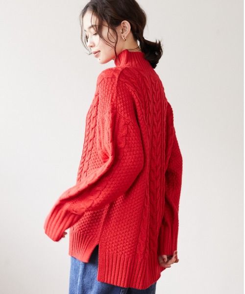 Green　Parks（グリーンパークス）の「モックネックケーブルニットプルオーバー＊（ニット/セーター・レディース・ブラック/レッド/アイボリー/モカ/イエロー/ターコイズブルー・FREE）」の6枚目の写真