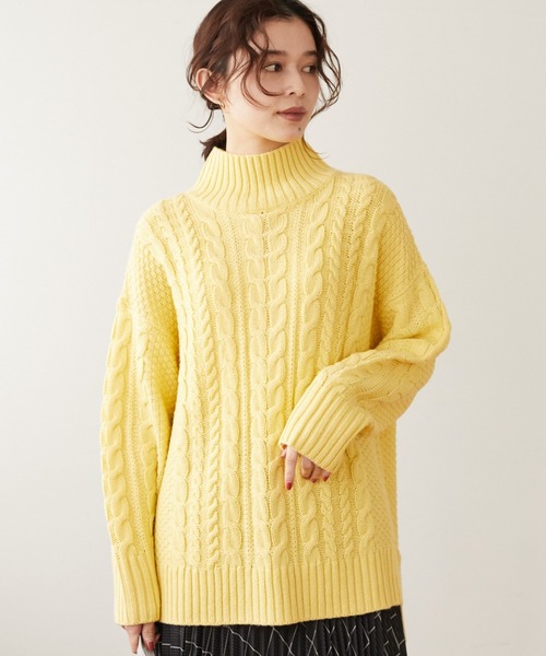 Green　Parks（グリーンパークス）の「モックネックケーブルニットプルオーバー＊（ニット/セーター・レディース・ブラック/レッド/アイボリー/モカ/イエロー/ターコイズブルー・FREE）」の5枚目の写真