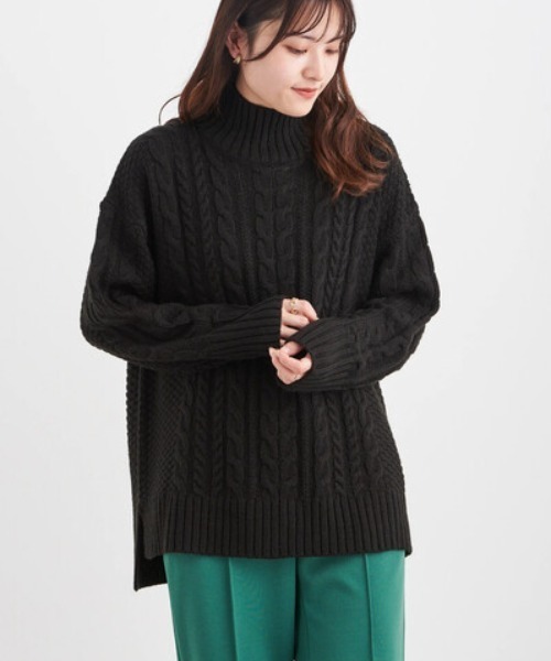 Green　Parks（グリーンパークス）の「モックネックケーブルニットプルオーバー＊（ニット/セーター・レディース・ブラック/レッド/アイボリー/モカ/イエロー/ターコイズブルー・FREE）」の2枚目の写真