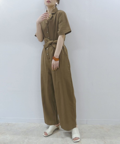 CORNERS(コーナーズ)の「リネンライクシャツオールインワン(つなぎ/オールインワン・レディース・グレー/アイボリー/モカ・M)」の5枚目の写真