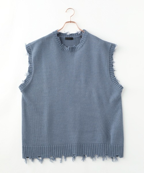 ADPOSION(アドポーション)の「ビッグシルエット ダメージニットベスト(ベスト・メンズ・アイボリー/チャコールグレー/グリーン/サックスブルー・MEDIUM/LARGE/X-LARGE)」の5枚目の写真