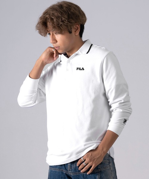 FILA(フィラ)の「FILA/フィラ ポロシャツ 長袖 綿100% 鹿の子 筆記体ロゴ刺繍 衿ライン(ポロシャツ・メンズ・ホワイト/ブラック/ダークグリーン/ネイビー/ホワイト系1/ブラック系1/ネイビー系1・LL/S/M/L/5L/4L)」の2枚目の写真