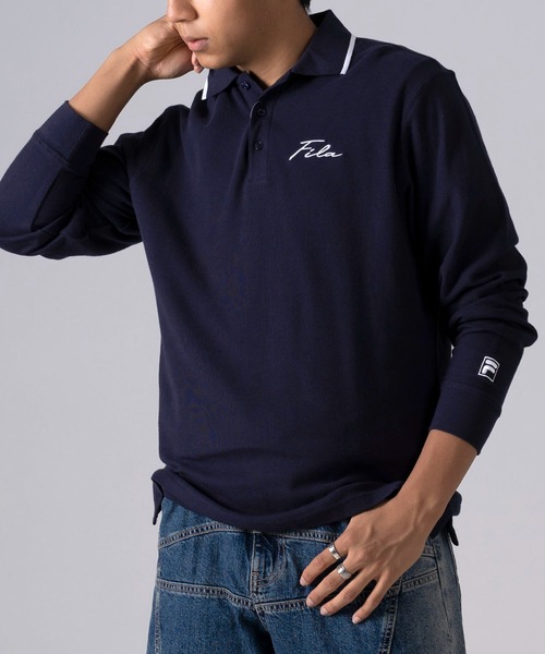 FILA（フィラ）の「FILA/フィラ 筆記体 ブランドロゴ刺繍 衿ライン 綿100% 鹿の子 長袖ポロシャツ（ポロシャツ・メンズ・ホワイト/ブラック/ダークグリーン/ネイビー・LL/S/M/L/5L/4L）」の22枚目の写真