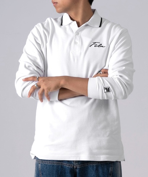 FILA（フィラ）の「FILA/フィラ 筆記体 ブランドロゴ刺繍 衿ライン 綿100% 鹿の子 長袖ポロシャツ（ポロシャツ・メンズ・ホワイト/ブラック/ダークグリーン/ネイビー・LL/S/M/L/5L/4L）」の14枚目の写真