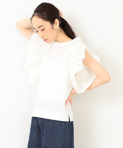 Ray BEAMS(レイビームス)の「RBS / ギャザー フリルスリーブT(Tシャツ/カットソー・レディース・オフホワイト/グレー・ONE SIZE)」の3枚目の写真