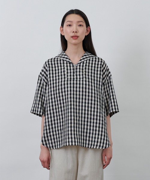 美品 LOISIR ロワズィール コットンリネン チェックバンドカラーシャツ LOISIR（ロワズィール）の「リネンオンブレ・チェックボトル