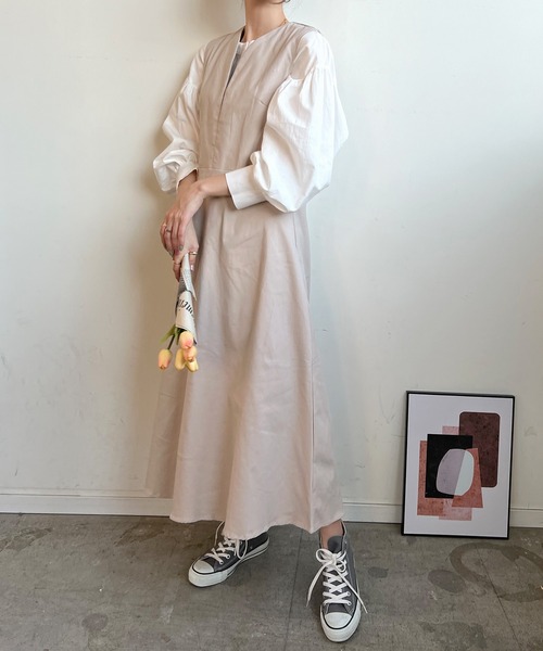 Futier land(フューティアランド)の「Vネックフレアツイルワンピース(ワンピース・レディース・ブラック/ベージュ/ネイビー/グレイッシュベージュ/チャコールグレー・FREE/X-LARGE)」の12枚目の写真