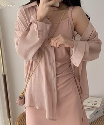 ツーピースセット シアーシフォンシャツ&ギャザーリボンキャミワンピセットアップ