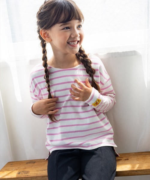 lulpini（ルルピー二）の「kids【クレパスコラボ】ボーダーロングスリーブTシャツ（Tシャツ/カットソー・キッズ・ホワイト×ブルー/ホワイト×パープル/ホワイト×ピンク・S/M/L）」の3枚目の写真
