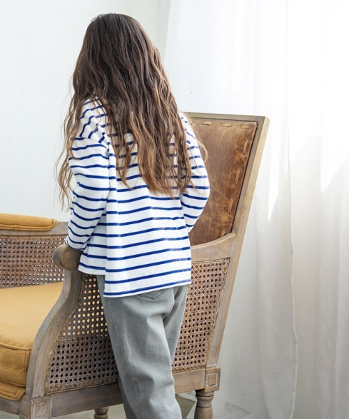 lulpini（ルルピー二）の「kids【クレパスコラボ】ボーダーロングスリーブTシャツ（Tシャツ/カットソー・キッズ・ホワイト×ブルー/ホワイト×パープル/ホワイト×ピンク・S/M/L）」の10枚目の写真